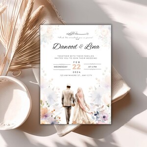 May include: A wedding invitation featuring the names "Dawood & Lina" in elegant script. The invitation includes the date, time, and location, with a watercolor illustration of a couple walking hand-in-hand. Soft floral accents and Arabic calligraphy add to the design.