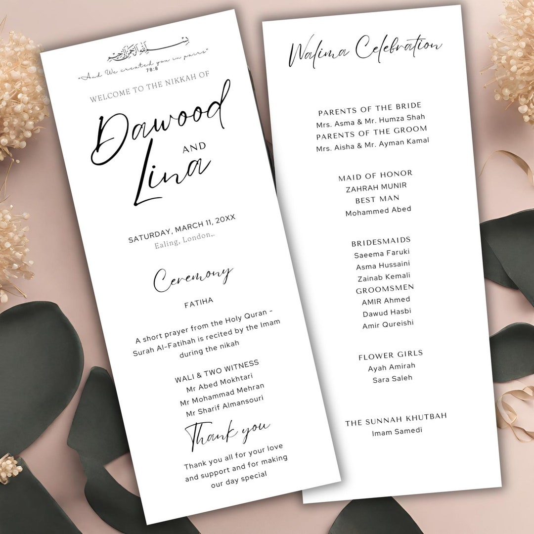 Modern Minimalist Wedding Program Template, Nikkah, Islamic Walima ...