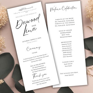 以下が含まれることがあります： ダウッドとリナの結婚式プログラム。日付は20XX年3月11日土曜日、場所はイギリスのイーリーング。プログラムには、ファティハ、ワリ＆ツーウィットネス、スンナ・フートバなど、イベントの順番が記載されています。