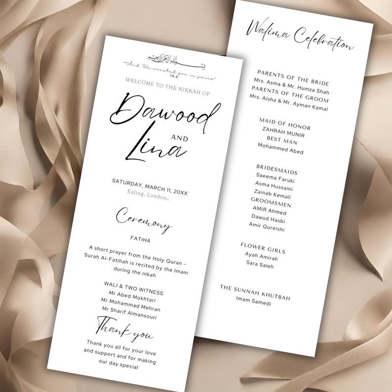 Minimalist Modern Islamic Wedding Program Template, Nikkah, Walima Fatiha, INSTANT DOWNLOAD, Muslim Ceremony 2 Sided Narrow, Tall Printable - Etsy