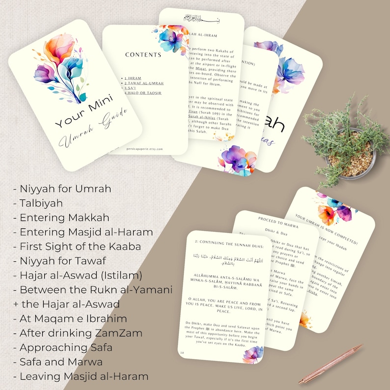 Umrah Duas, Floral Printable Cards, Arabic English, Islamic Gift Muslim ...