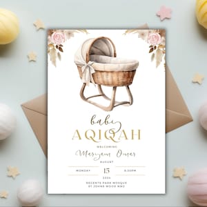 Boho Baby Shower Aqiqah Invitation, Editable Islamic Birth Announcement Invite, Printable Watercolor Aqeeqah Card INSTANT DOWNLOAD AQPP04