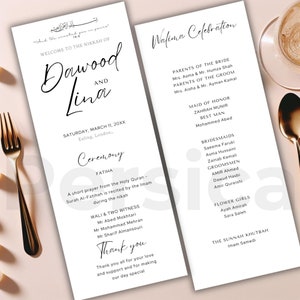 Puede incluir: Un programa de ceremonia de boda con los nombres Dawood y Lina, la fecha del sábado 11 de marzo de 20XX y la ubicación Ealing, Londres. El programa enumera los detalles de la ceremonia, incluida la Fatiha, Wali & Two Witness, y un mensaje de agradecimiento. El programa también incluye una lista de los miembros de la fiesta de bodas, incluida la dama de honor, el padrino, las damas de honor, los padrinos y las damas de honor. El programa concluye con la Surah Khutbah, Imam Samedi.