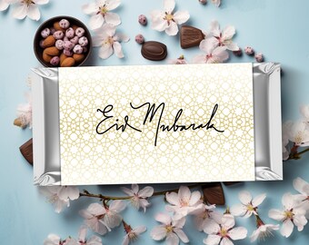 Eid Mubarak Gold Chocolate Wrappers, INSTANT DOWNLOAD, DIY Eid ul Adha Decoration Printable Eid Party Favors, Muslim Décor Candy Bar PPCH040