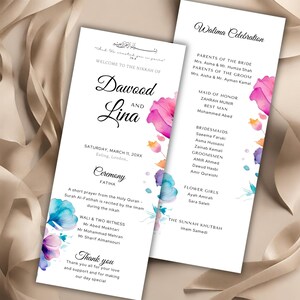 Puede incluir: Una invitación de boda con diseños florales de acuarela. La invitación es para el Nikkah de Dawood y Lina. La ceremonia tendrá lugar el sábado 11 de marzo de 20XX en Ealing, Londres. La invitación incluye los nombres de los padres de la novia y el novio, la dama de honor, el padrino, las damas de honor y los padrinos.