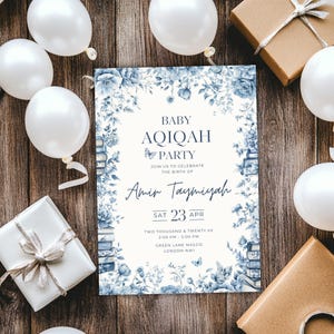 Blue Toile Baby Shower, De Jouy Aqiqah Invitation, French Elegant Editable, Islamic Template Printable Boy Aqeeqah Card DOWNLOAD BTPP015