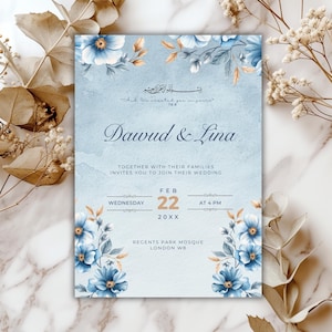 Invitación editable en terciopelo azul polvoriento y dorado para boda con acuarela, plantilla para boda, invitación para Baraat musulmana, novia islámica DIY PP0051