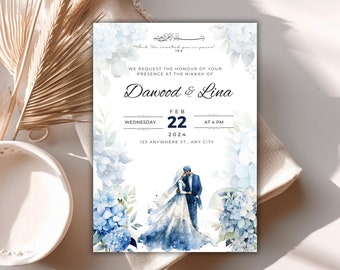 Muslim Wedding Nikkah Editable Blue Hydranga Invitation Template, INSTANT DOWNLOAD Baraat Invite, Islamic Bride DIY Watercolour Printable