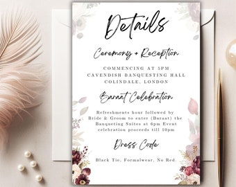 Nikkah Wedding Details Card, Maroon Floral, Muslim Wedding, Editable Wedding Stationary, INSTANT DOWNLOAD, Islamic DIY Watercolor Printable