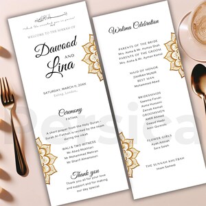 Puede incluir: Elegante invitación de boda con los nombres "Dawood y Lina" en una escritura elegante. El diseño incluye detalles dorados de mandala e información detallada del evento, incluyendo la fecha, el lugar y los detalles de la ceremonia.