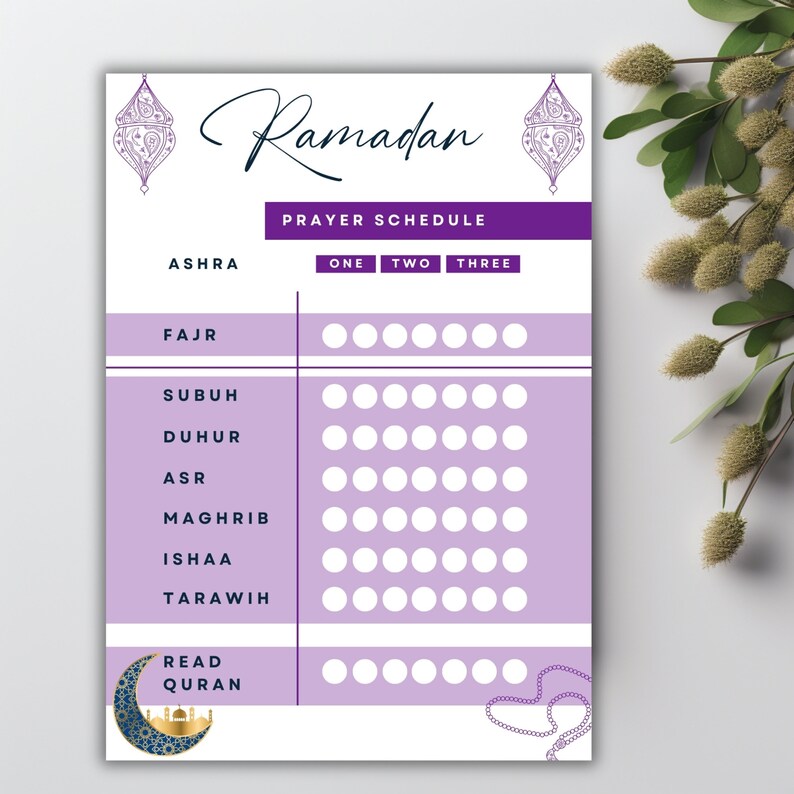 Purple Ramadan Schedule Daily Planner. Fasting, Prayer Salah Taraweeh ...