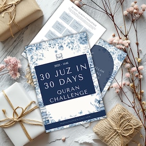 May include: A printable 30-day Quran challenge with a blue and white floral design. The text reads "30 Juz in 30 Days Quran Challenge" and "2025-1446".
