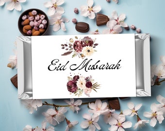 Emballages de chocolat floraux Eid Mubarak, TÉLÉCHARGEMENT IMMÉDIAT, décoration DIY de l'Aïd ul Adha, cadeaux imprimables, décoration musulmane barre chocolatée PPCH033