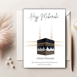 Beige Hajj Mubarak Islamic Editable Name Greeting Card Template, Hajj Mabrook Muslim Celebration Eid Gift Kaaba, Umrah, Printable Pilgrimage