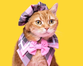 Elegant Pet Ribbon Bow & Beret Set – Dog and Cat Outfit, Red Pink Blue Tartan