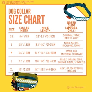 May include: Dog collar size chart with measurements in inches and centimeters. The chart shows the collar width and neck length for different sizes, from XS to XL. The chart also includes a breed guide with approximate sizes for various dog breeds.