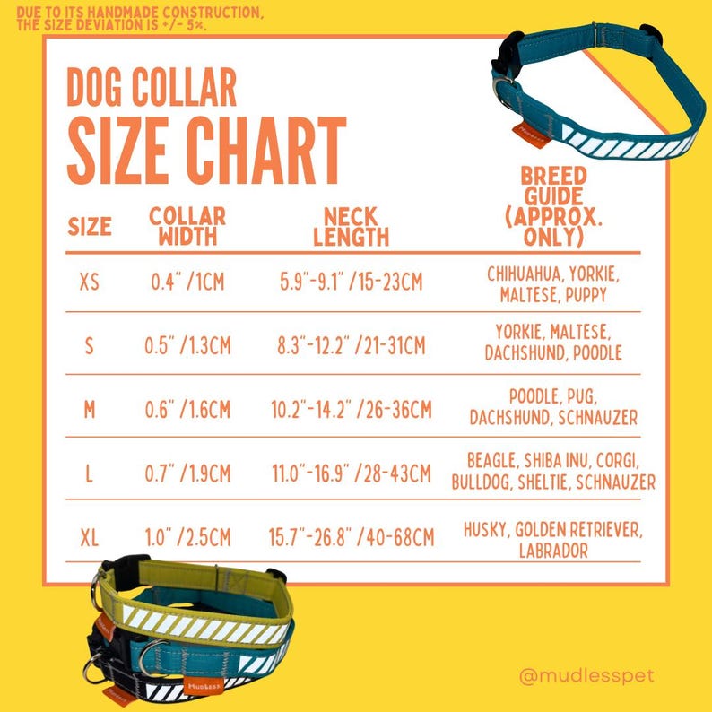 May include: Dog collar size chart with measurements in inches and centimeters. The chart shows the collar width and neck length for different sizes, from XS to XL. The chart also includes a breed guide with approximate sizes for various dog breeds.