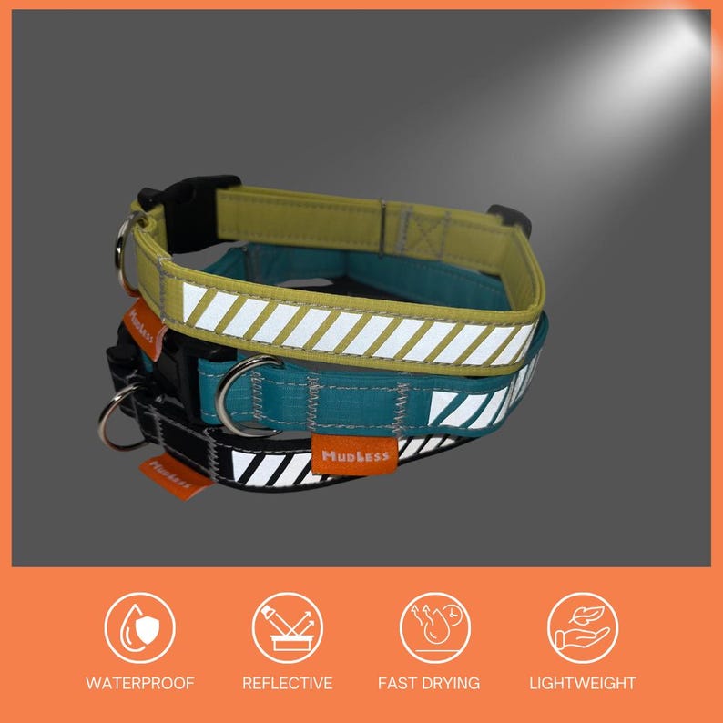 May include: Three dog collars with reflective stripes. The collars are yellow, teal, and black. The collars are waterproof, reflective, fast drying, and lightweight. The collars have the word "Mudless" printed on them.