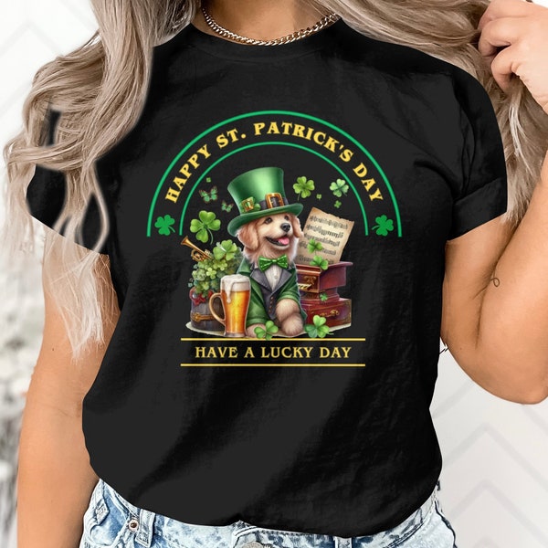 St. Patrick's Day Shirt, Cute Dog in Green Hat, Lucky Clover, Beer Glass, Festive Irish Celebration Tee, Unisex Apparel