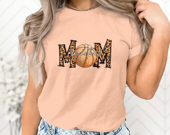 Camiseta de baloncesto MOM con estampado de leopardo, camiseta gráfica de mamá deportiva elegante, camisa del día del juego para mujer, sudadera de mamá
