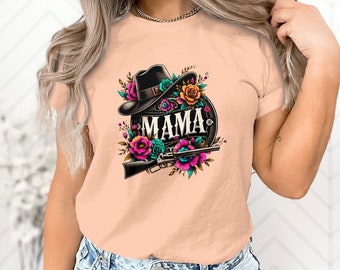 Mama Vintage Floral Hat and Rifle Design Camiseta, Camiseta gráfica de mujer atrevida, Regalo para mamá, Vaquero, Vaquera, Día de las Madres, Sudadera de mamá