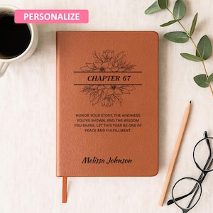 May include: A brown leather journal with the text "CHAPTER 67" and a floral design. The journal also includes the text "HONOR YOUR STORY..." and the name "Melissa Johnson". A coffee cup, pencil, and glasses are also in the image.