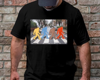 Abbey Road Bigfoot Crossing T-Shirt, Colorful Yeti Sasquatch Crosswalk Tee, Unique Cryptid Fan Apparel