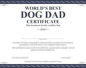 Certificato stampabile per il miglior papà di cani del mondo / Premio divertente per papà di cani / Download immediato in PDF / Regalo per gli amanti dei cani