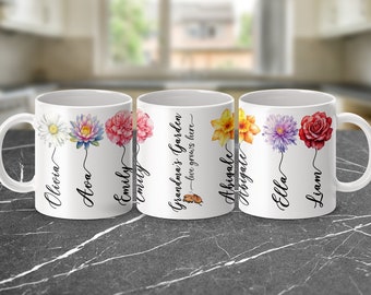 Taza de flores personalizada para nietos, nombre de nacimiento, nombres de nietos personalizados, taza de café del mes de nacimiento, regalo de abuela