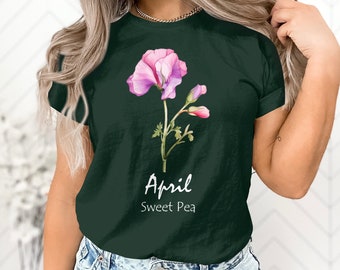 Camiseta de flores de cumpleaños de abril, estampado floral de guisante dulce, camiseta gráfica de flor rosa, camisa de jardín botánico, top de moda de primavera para mujer