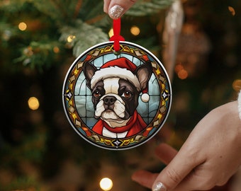 Boston Terrier Christmas Ornament Stained Glass Dog Ornament Christmas Gift Family Christmas Tree Ornament Glass Stained Design