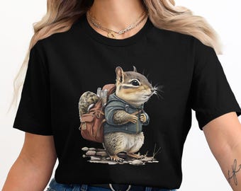 Cute Chipmunk Wearing Backpack, Hiking Chipmunk Shirt, Nature Adventure Shirt, Animal Lover Gift, Unique Hiking Apparel, Fun Outdoor T-Shirt