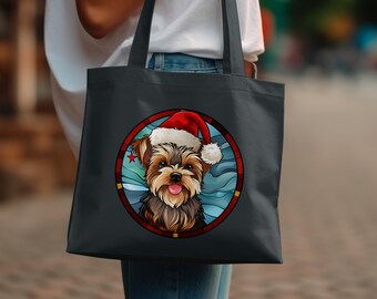 Yorkie Christmas Tote Bag: Stained Glass Dog Design