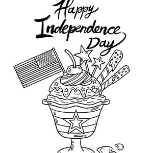 May include: Black and white illustration of a festive ice cream sundae with an American flag, star-shaped decorations, and the text "Happy Independence Day". The sundae is in a decorative glass.