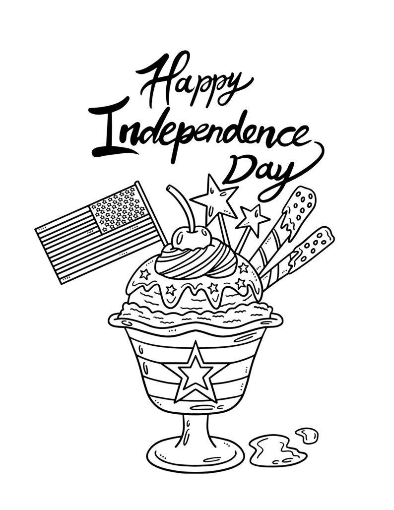 May include: Black and white illustration of a festive ice cream sundae with an American flag, star-shaped decorations, and the text "Happy Independence Day". The sundae is in a decorative glass.
