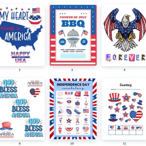 May include: A collection of patriotic-themed illustrations for Independence Day. Designs include a cat in sunglasses, a map of America, a BBQ graphic, an eagle, the word "LOVE", and vocabulary cards. The color scheme is red, white, and blue.