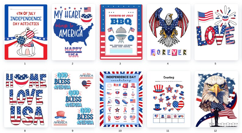 May include: A collection of patriotic-themed illustrations for Independence Day. Designs include a cat in sunglasses, a map of America, a BBQ graphic, an eagle, the word "LOVE", and vocabulary cards. The color scheme is red, white, and blue.