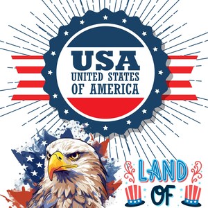 May include: A patriotic design featuring a bald eagle illustration with the text "USA UNITED STATES OF AMERICA" in a blue and red emblem. The phrase "LAND OF LIBERTY" is also displayed with red, white, and blue accents.