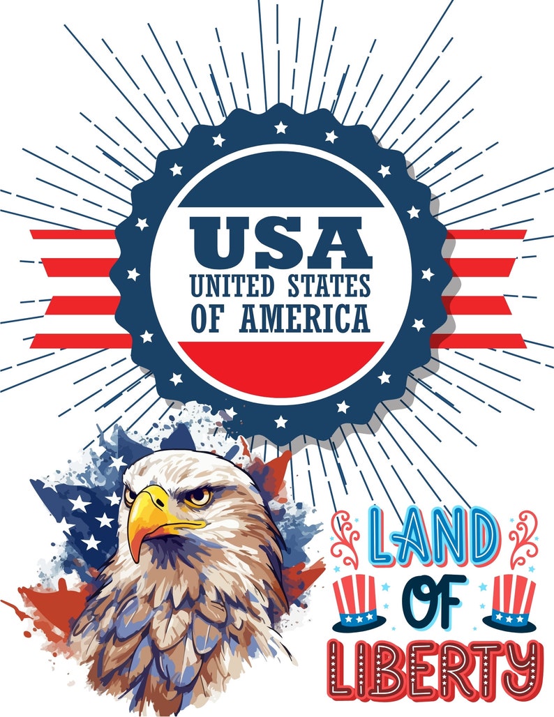 May include: A patriotic design featuring a bald eagle illustration with the text "USA UNITED STATES OF AMERICA" in a blue and red emblem. The phrase "LAND OF LIBERTY" is also displayed with red, white, and blue accents.