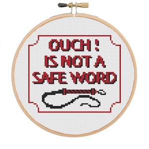 May include: A white embroidery hoop with red and black cross-stitch embroidery. The embroidery reads "OUCH! IS NOT A SAFE WORD" and depicts a red and black whip.