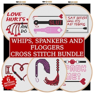 Whips, Spankers And Floggers Cross Stitch Pattern Bundle, 6 Sexy BDSM Sewing Designs, Sex Positive Bondage Embroidery, Cute Spanking Craft