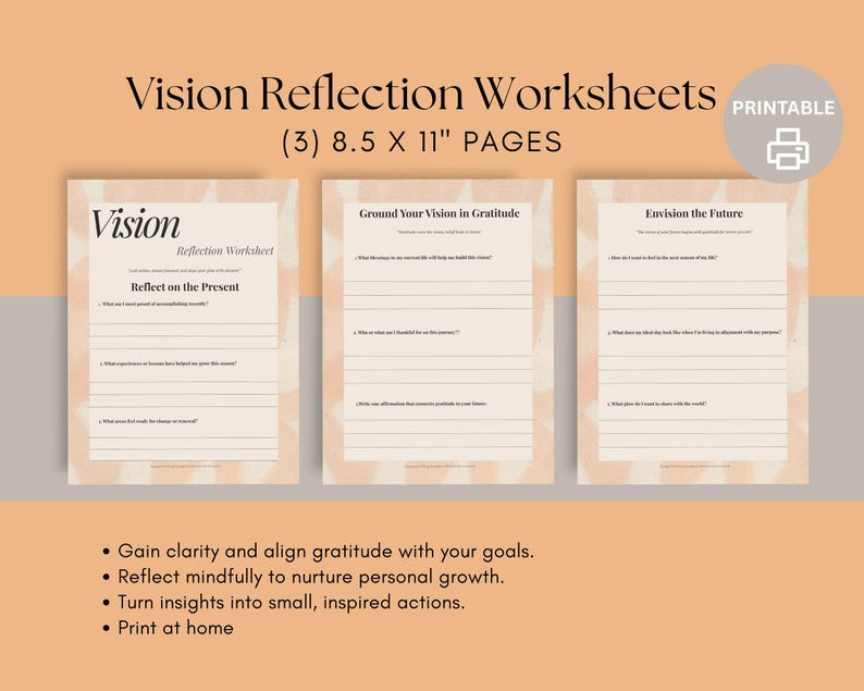 Vision Exercise Worksheet Vision Reflection Worksheet : Printable Self-discovery Journal Pages ...