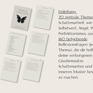 May include: A workbook titled "Workbook Schalenarbeit" with a black butterfly graphic, surrounded by several index cards. The cards contain text in German, including "Einleitung" and "20 zentrale Themen der Schattenarbeit".
