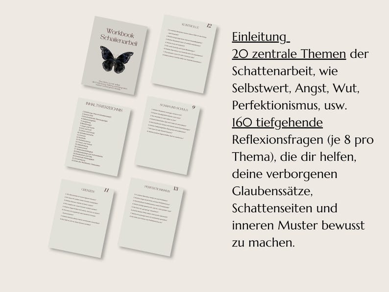 May include: A workbook titled "Workbook Schalenarbeit" with a black butterfly graphic, surrounded by several index cards. The cards contain text in German, including "Einleitung" and "20 zentrale Themen der Schattenarbeit".