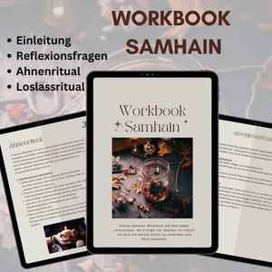 May include: A digital workbook titled "Workbook Samhain" displayed on three tablets. The central tablet shows a candle in a glass jar with flowers. The workbook's topics include introduction, reflection questions, ancestor ritual, and release ritual.
