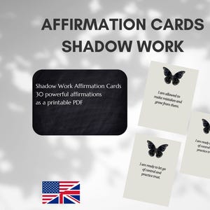 Könnte beinhalten: Bild von Affirmationskarten für Schattenarbeit. Die Karten zeigen Schmetterlingsillustrationen und Affirmationen wie "Ich bin bereit, loszulassen und Vertrauen zu üben". Der Text enthält auch "30 kraftvolle Affirmationen als druckbares PDF."