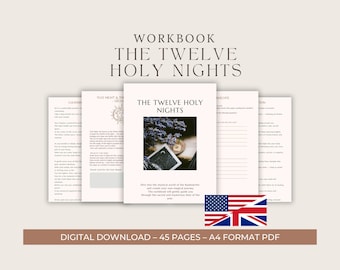 Może przedstawiać: Podręcznik zatytułowany "The Twelve Holy Nights" ze zdjęciem na okładce świecy, kwiatów i małego obrazu w ramce. Podręcznik jest cyfrowym plikiem do pobrania o 45 stronach w formacie A4. Wyświetlane są flagi amerykańska i brytyjska.