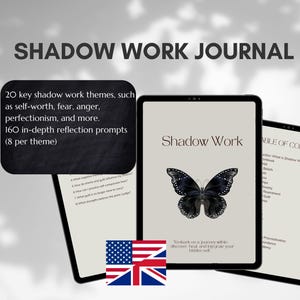 Könnte beinhalten: Ein digitales Schattenarbeitsjournal mit dem Titel "Shadow Work Journal". Das Journal zeigt eine Schmetterlingsgrafik und enthält 20 Schattenarbeitsthemen und 160 Reflexionsaufforderungen. Die amerikanische und britische Flagge sind ebenfalls sichtbar.