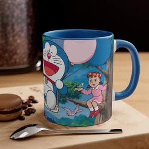 Doraemon Coffee Mug 11oz, Two-Tone Ceramic Cup with Colored Interior and C-Handle, Anime Gift, Japanese Manga, Doraemon Gadget