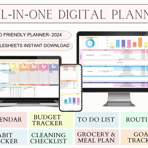 2024 dated planner, daily digital time management planner template, productivity planner, budget spreadsheet, adhd planner, googlesheets